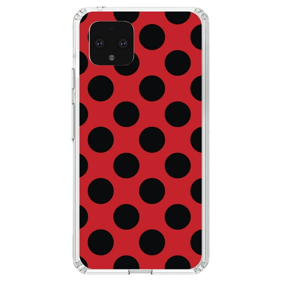 DistinctInk Clear Shockproof Hybrid Case for Google Pixel 4 XL (6.3" Screen) - TPU Bumper, Acrylic Back, Tempered Glass Screen Protector - Black & Red Polka Dots