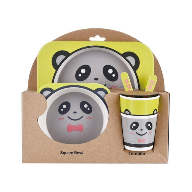 serony Kids Tableware Set 5Pcs Baby Bamboo Fiber Cartoon Bowl Animal Dinnerware Set Toddler Cup Spoon Fork