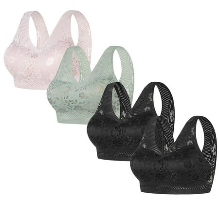 REORIAFEE Seamless Bras for Women 4PC Gathered Together Wirefree Bras Floral Brassiere Breathable Wide Strap Comfy Corset Underwear Classic Comfortable Support Lingerie Green M
