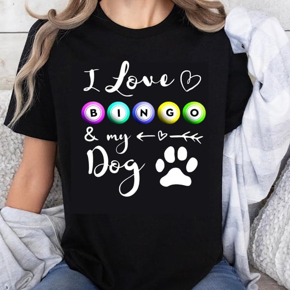 100% Cotton I Love Bingo And My Dog Paw Print Graphic T-Shirt For Dog Lovers Fun Pet Owner Gift Casual Wear
