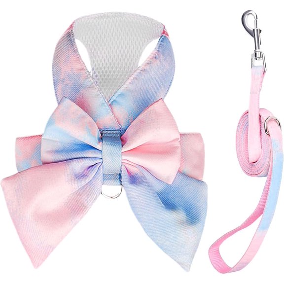 Cute Bow Tie Dog Harness and Leash Set Elegant Rainbow Gradient Puppy Harness No Pull Soft Mesh Pet Cat Dog Vest Harnesses for Small Dogs Cats, Pink