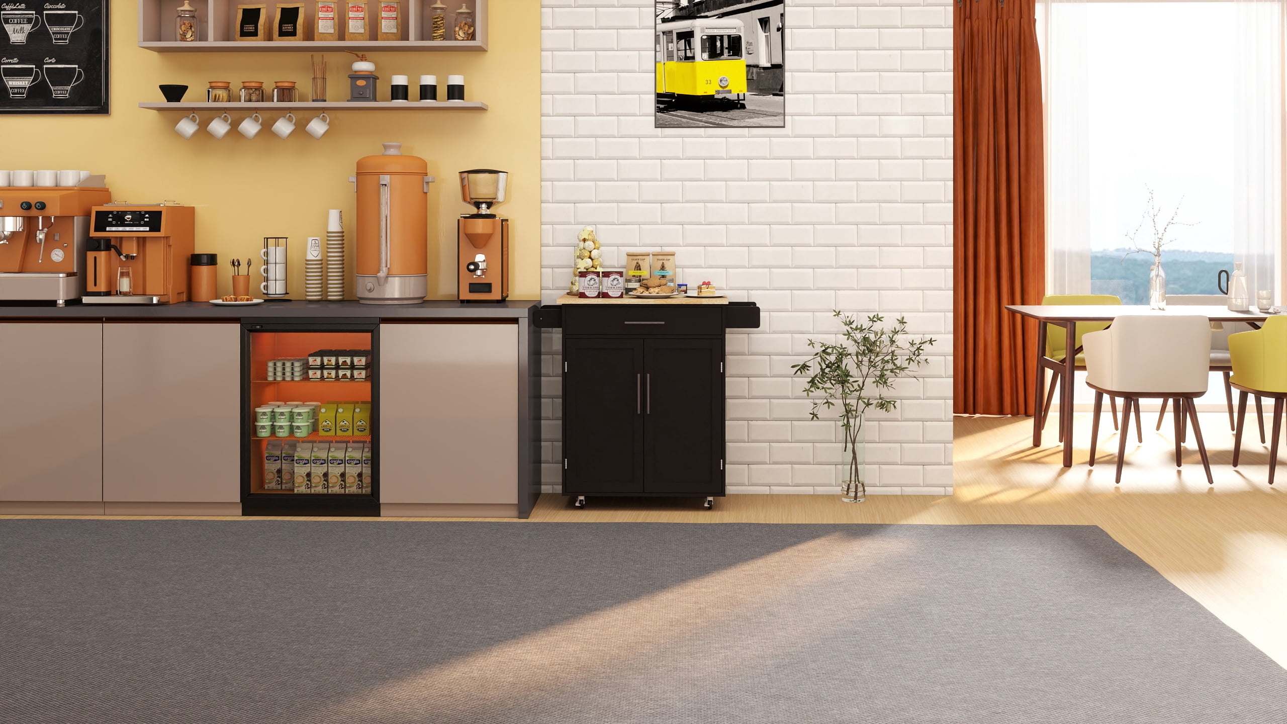 Kitchen Cart Rolling Kitchen Island with 1 Drawer, 2 Doors, Adjustable Shelves, Towel Rack and Seasoning Rack, Versatile Black Kitchen Island for Storage & Home Decor
