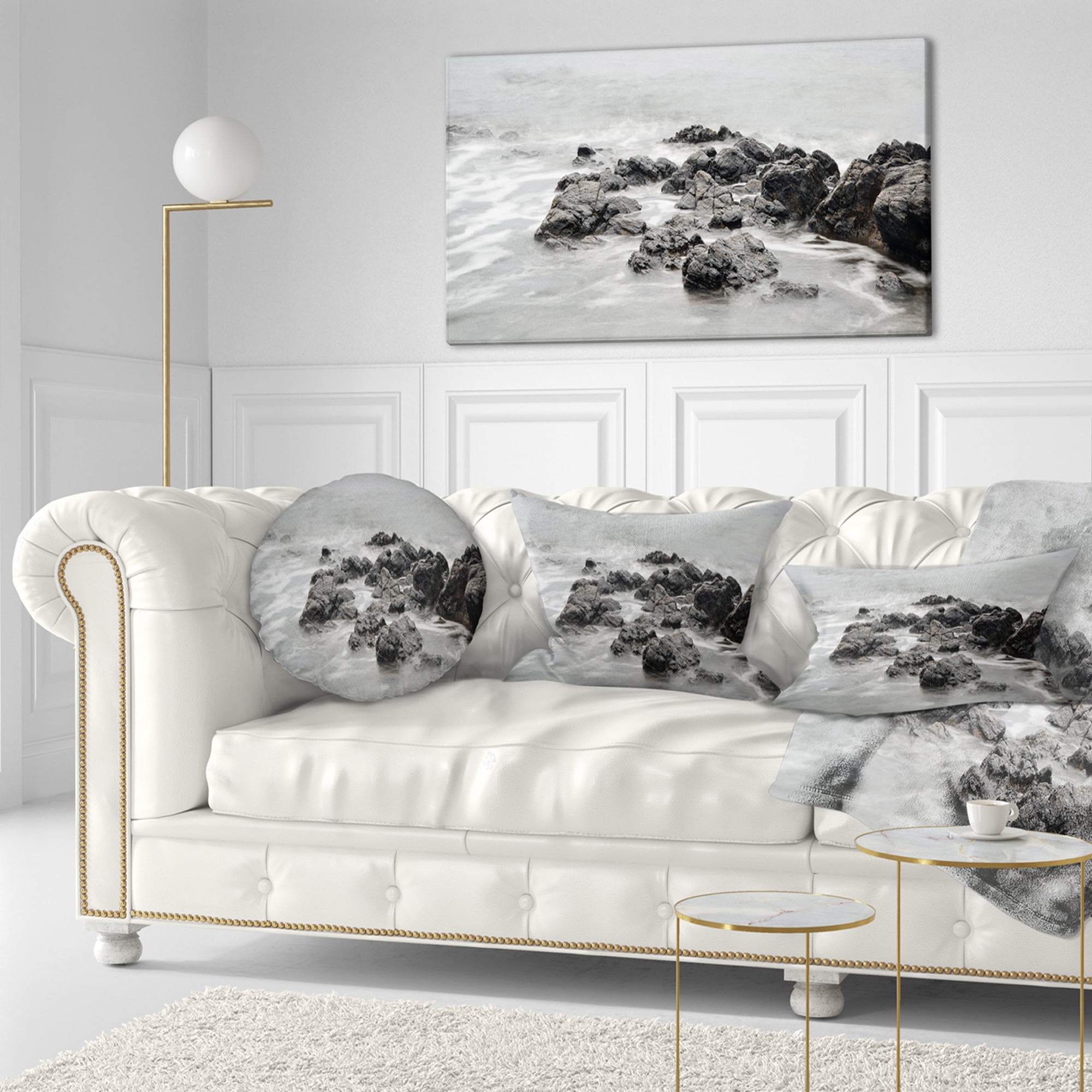 Designart Black and White Rocky Coastline - Seashore Throw Pillow - 12x20