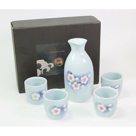 Porcelain Light Blue White Flower Sake Set 4 Cups 1 Decanter / Bottle / Carafe F15713