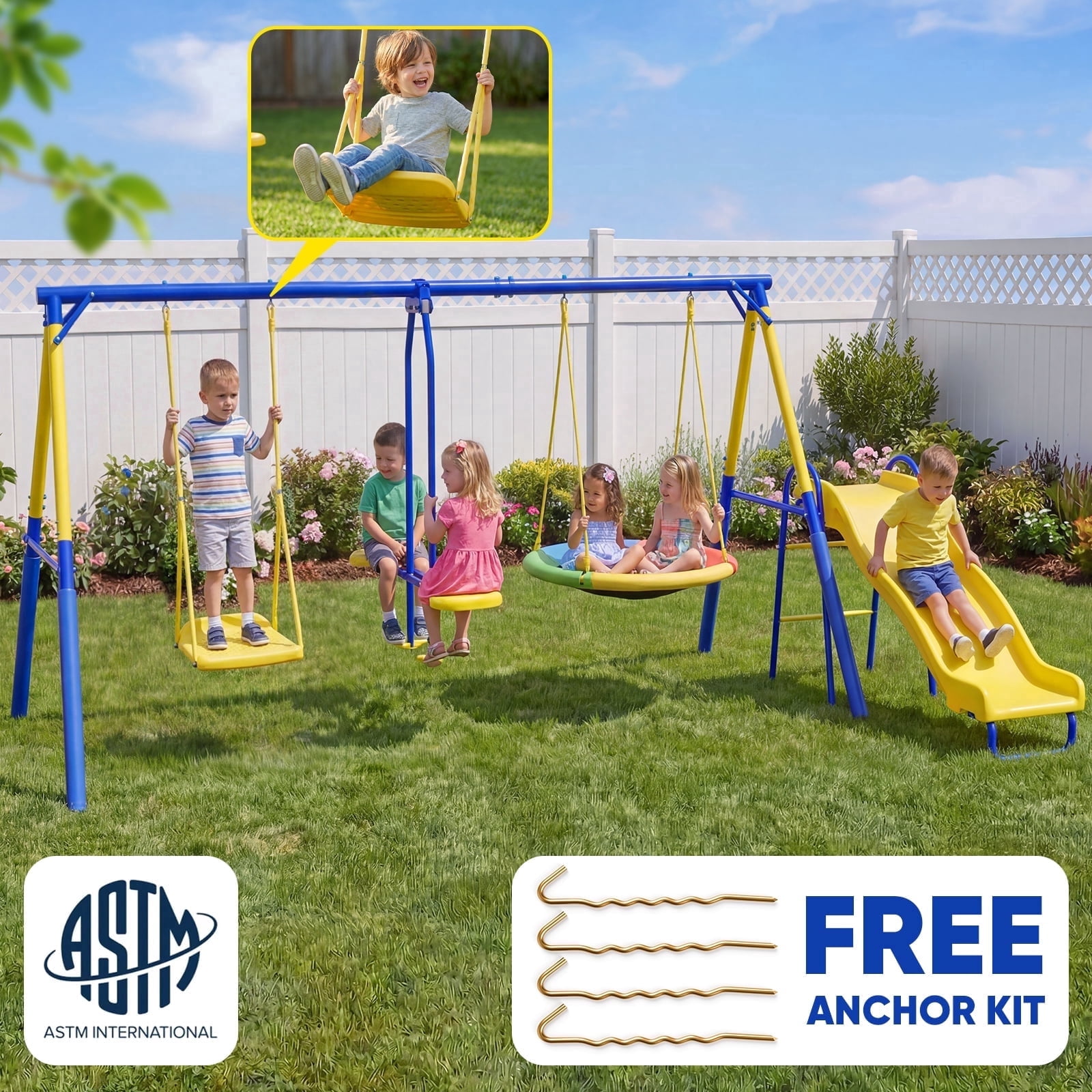 Swing Sets 6 Kids Play,Fashionsport Outfitters Heavy-Duty Outdoor Metal Swing sets for Backyard,Playground,Outside Toys with Saucer Swing,Wave Slide,Glider,Standing Swing for Aged 3-12