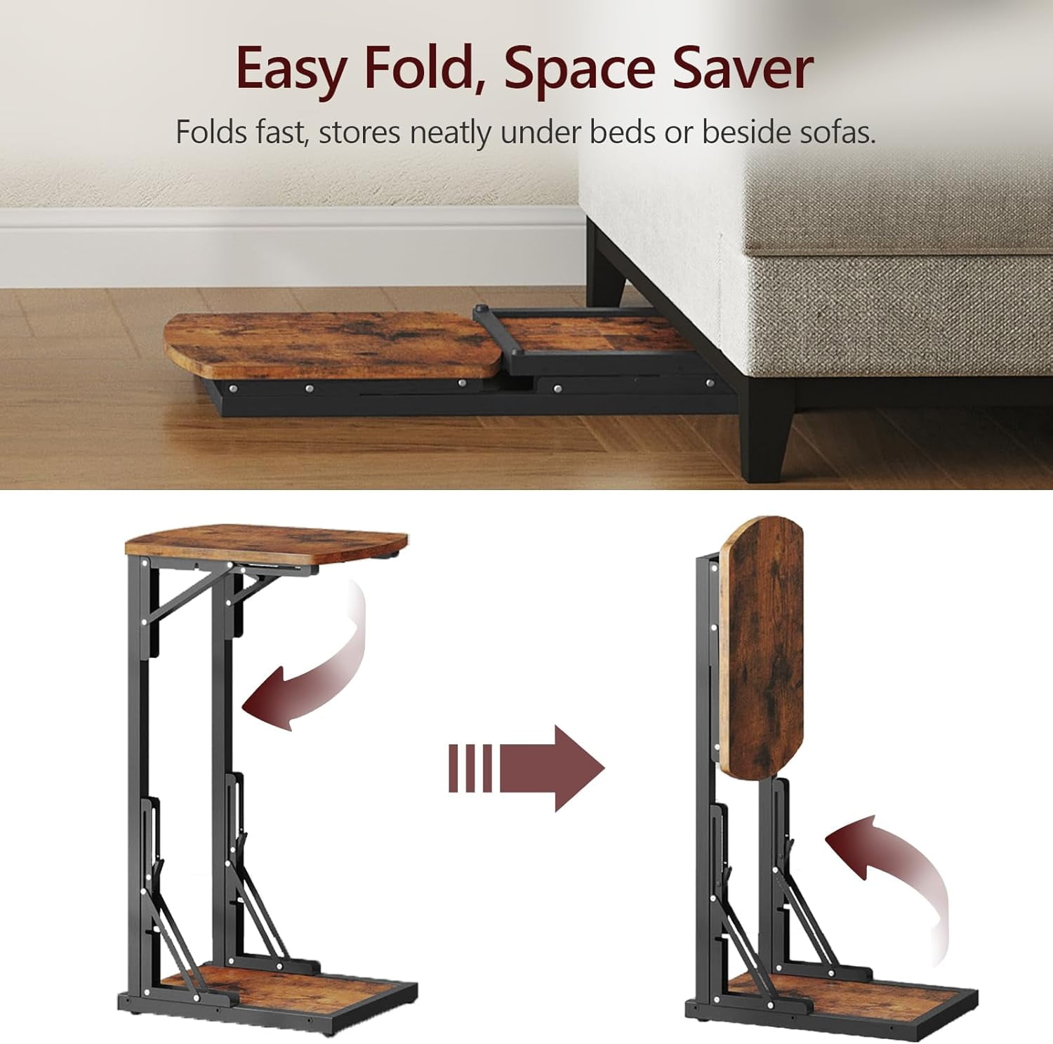 Folding C Shaped End Table, Adjustable Small Sofa Side Laptop Desk, Foldable Couch TV Tray Table for Small Spaces, Living Room, Bedroom, Rustic Brown ETHR4101