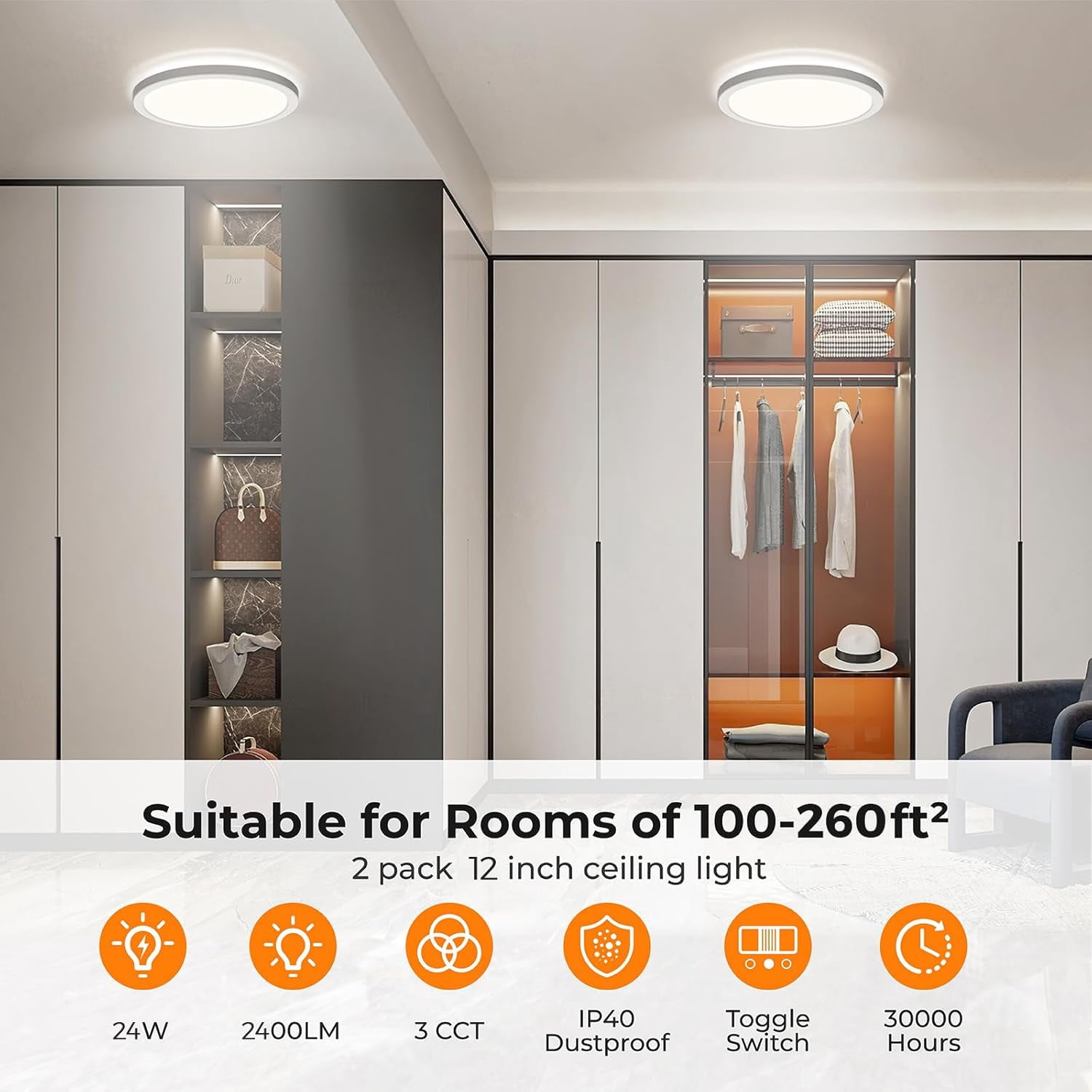 BLNAN 12'' LED Flush Mount Ceiling Light Fixture,24W 2400LM 3000K/4000K/5000K Ultra Thin Round White Lamp for Kitchen Porch Bedroom Hallway Stairwell Basement, Non-dimmable,2PCS