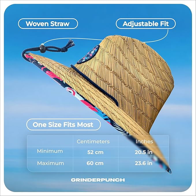 Grinderpunch Lifeguard Hat Mens Straw Sun Hat for Beach, Outdoor, and Travel | UPF 50+ Sun Protection | Wide Brim Straw Beach Hat | Classic Sun Hat for Men and Women ( Flamingo Palm )