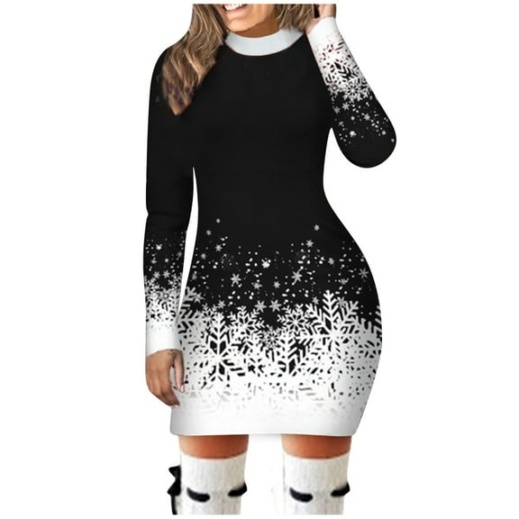 FEIFLY Women Long-sleeved Round Neck Christmas Printed Snowflake Party Dresses Stylish Female Sundress