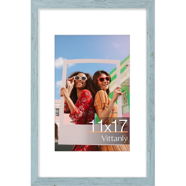 Vittanly 11x17 Picture Frame, Engineered Wood with Shatter Resistant Plexiglass, Display Pictures 8x12 with Mat or 11x17 without Mat, Photo Frame for Wall Mounting, Rustic Blue, 1 Pack