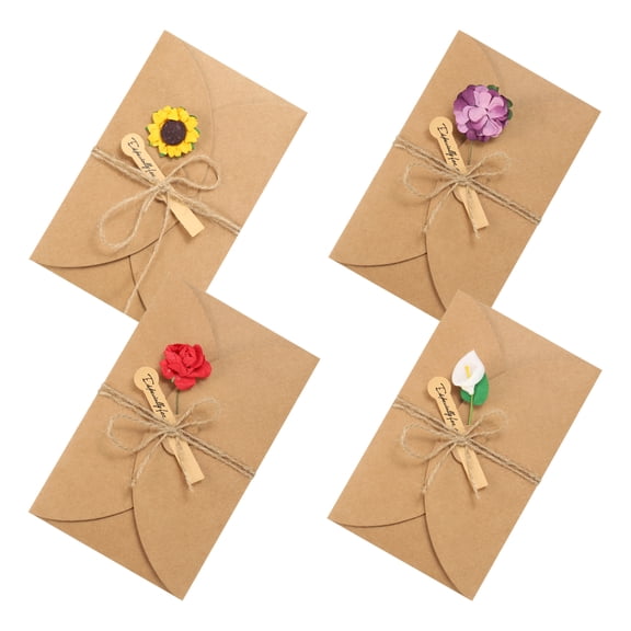 Uxcell 7"x4" Dried Flowers Greeting Cards, 4 Pack Handmade Blank Note Card Flower Invitation Card