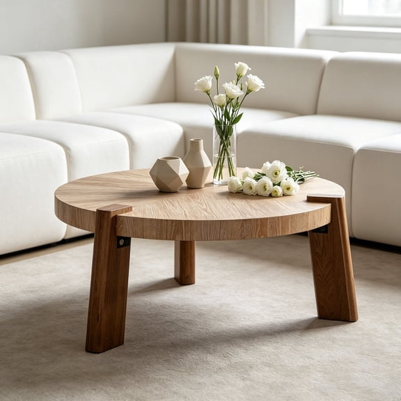 WanKaMom Boho Rustic Herringbone Design and Tapered Legs Round Wood Coffee Table