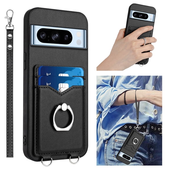 Allytechgroup Google Pixel 8 Pro Wallet Case for Women Men, Premium PU Leather Shockproof Hand Wrist Slim Fit Back Cover Phone Case for Google Pixel 8 Pro, Black