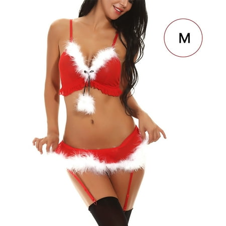 

Christmas Lingeries Women Santa Strap Nightwear Enchanting Mesh Lace Chemise Set M