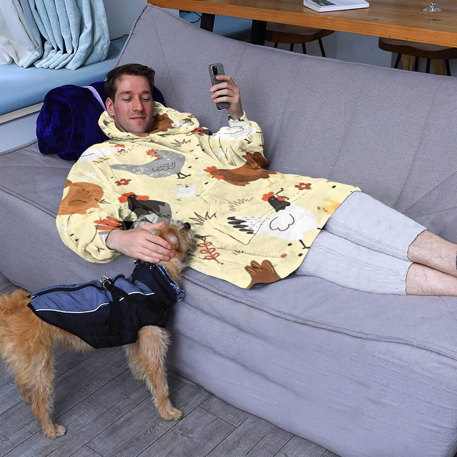 Wearable Oversized Blanket,Colorful Chicken Pattern Wearable Blanket Hoodie for Adults,Cozy Hooded Blankets with Super Pockets,Super Warm Fuzzy Pullover for Women & Men