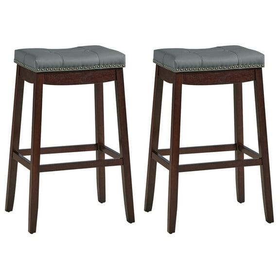 Gymax Set of 2 Nailhead Saddle Bar Stools 29'' Pub Chairs with Rubber Wood Legs Brown