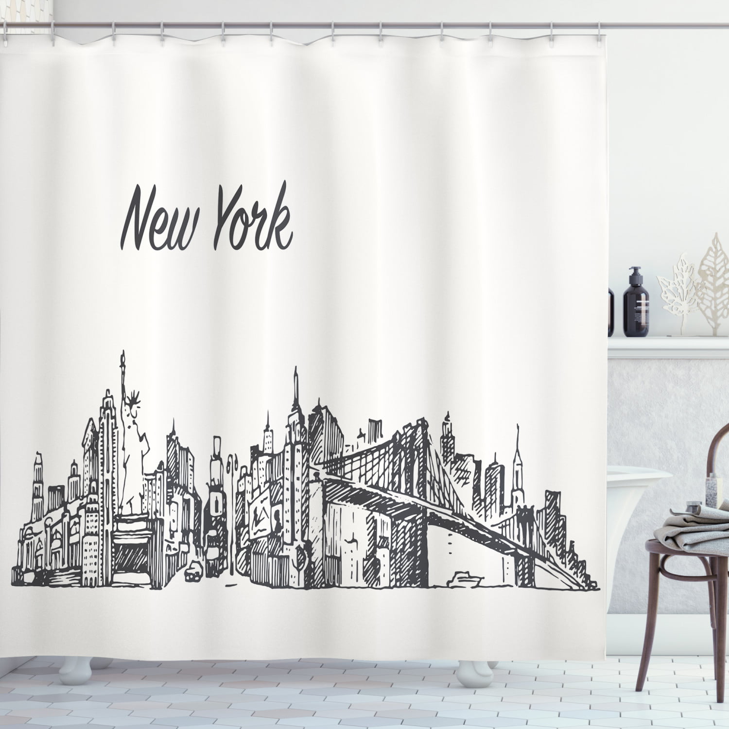 Nyc Shower Curtain Simplistic Sketch, New York City Skyline Shower Curtain