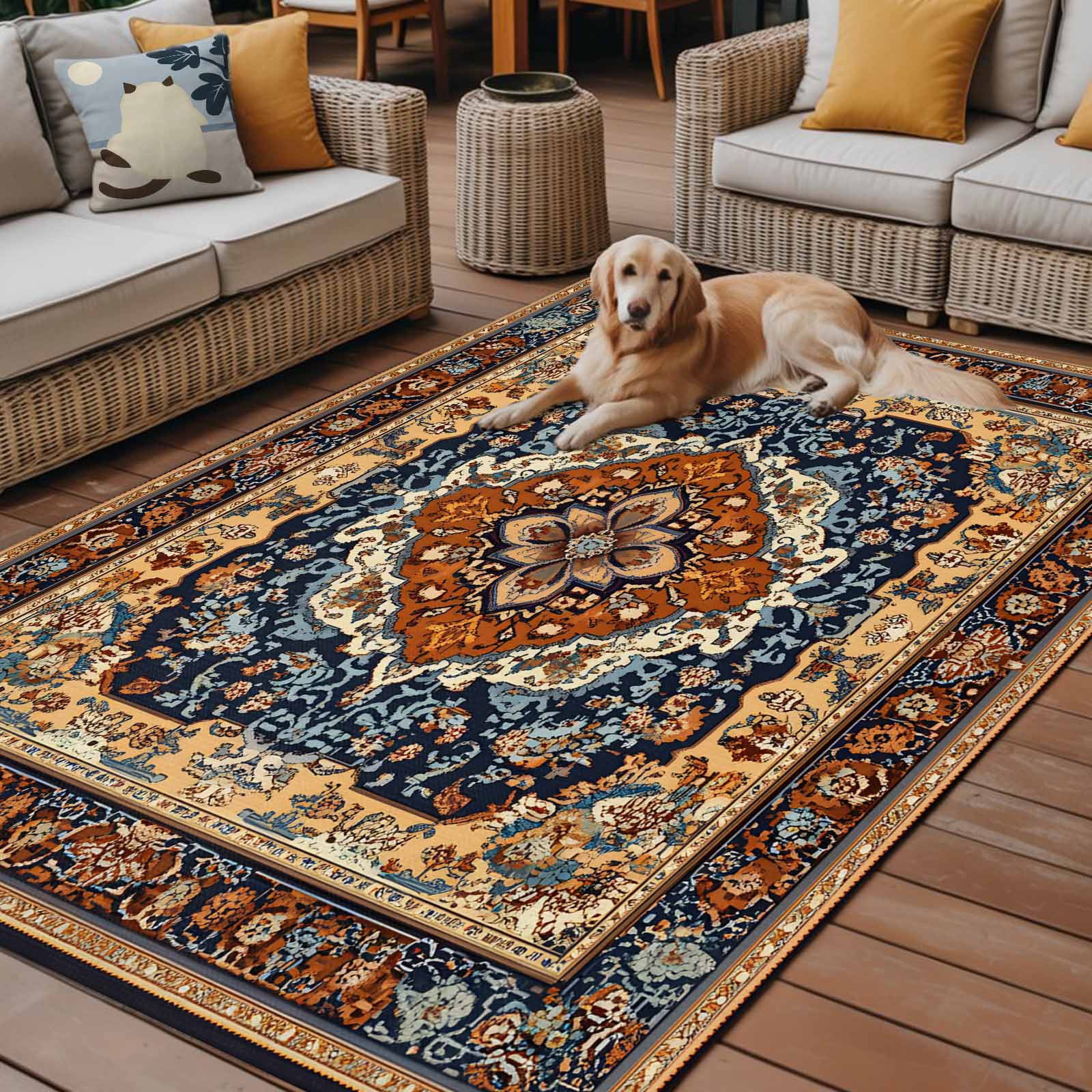 Fsddascl Blue Burnt Orange Boho Outdoor Rug for Patio/Deck/Porch, Non-Slip Large Area Rug 5 x 8 Ft, Traditional Ethnic Southwestern Indoor Outdoor Rugs Washable Area Rugs, Camping Rug Carpet