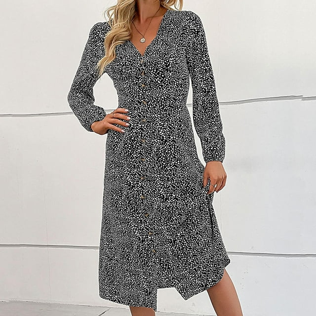 Soldes! Cameland Robe Mini Plissée à Manches Longues à Col en V Imprimée Décontractée pour Femme