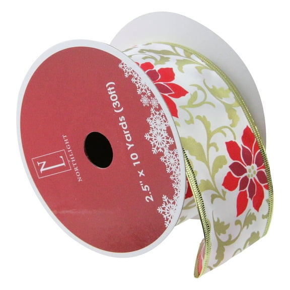 Northlight Red and Gold Poinsettia Print Wired Christmas Craft Ribbon 2.5" x 10 Yards