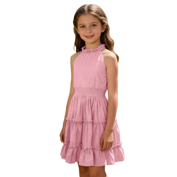 Ruyang Teen Girls Halter Sleeveless Dresses Ruffle Hem Slim Fit A-Line Swing Dresses Summer Trendy Solid Casual Breathable Skirts