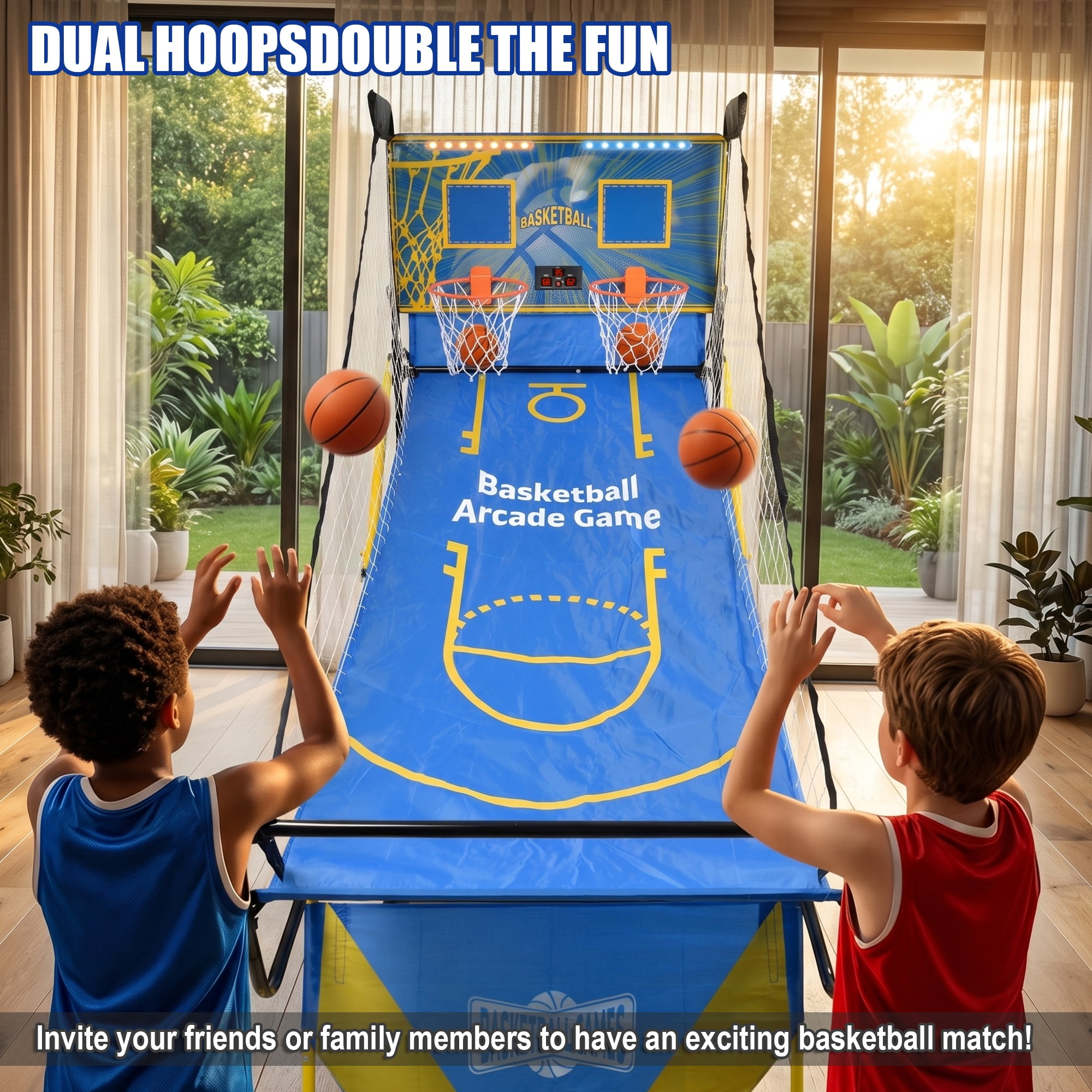 Foldable Dual Shot Basketball Arcade Game with LED Electronic Scorer, 4 Mini Basketballs & Hand Pump Included, Two-Player Indoor Shooting Game for Kids Teens Family Game Night