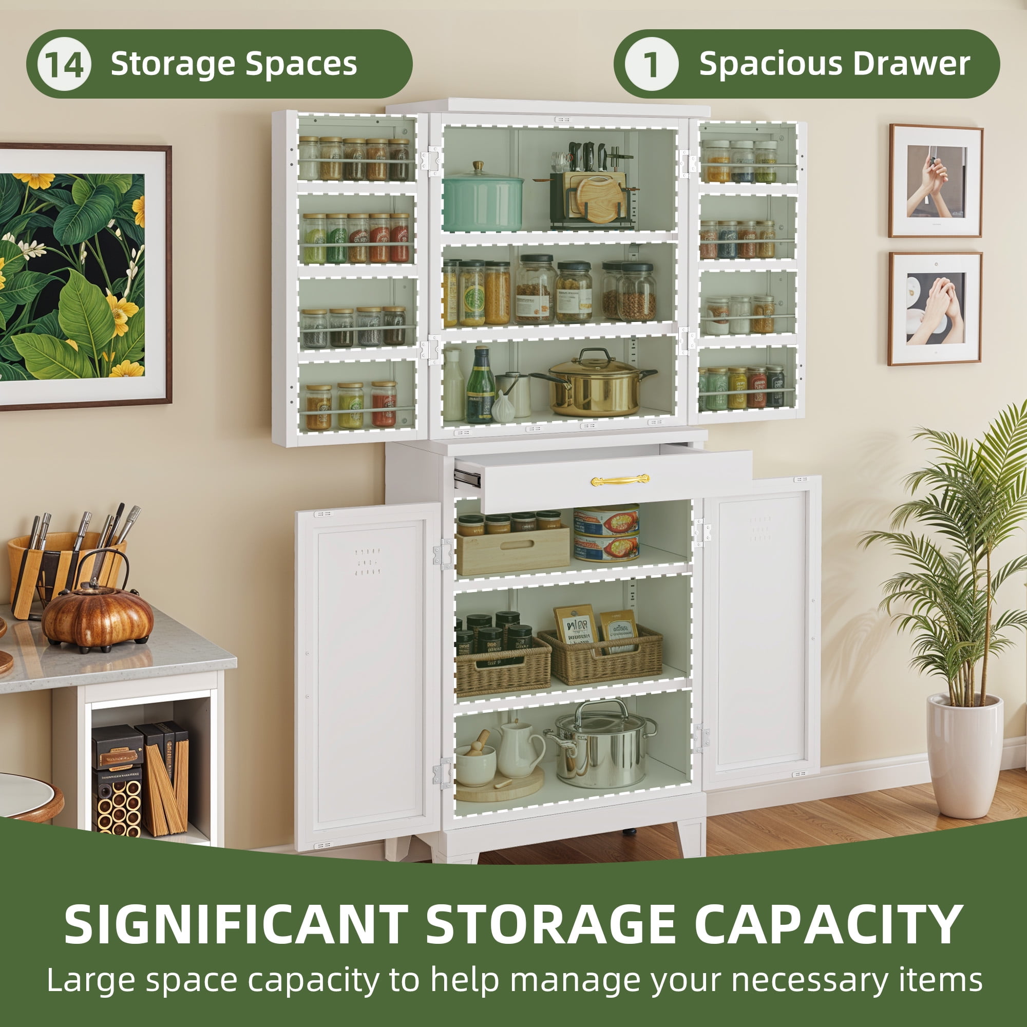 Uforic Pantry Storage Cabinet with Adjustable Shelves, Metal Kitchen Cabinet with Drawer, White