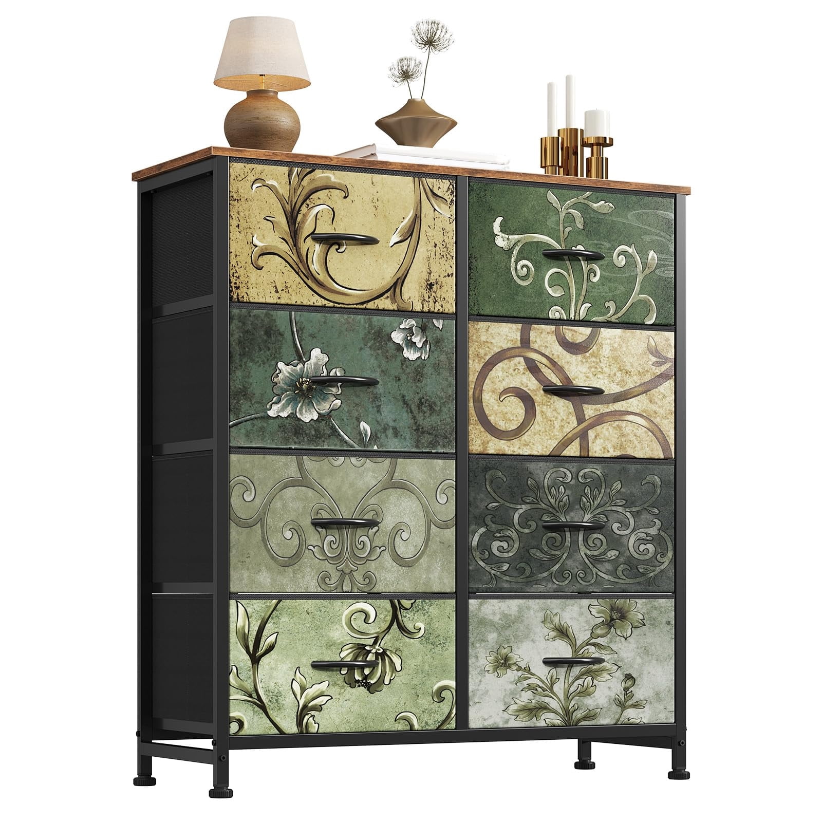 Telyra 8-Drawer Fabric Dresser Tall Storage Tower with Wood Top and Steel Frame Bedroom Closet Organizer, Floral Painted