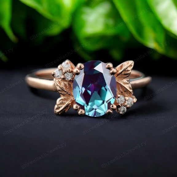 SHREENATHJEWELRY 8x6MM / 2Ct Color Change Alexandrite Ring- Bridal Wedding Women Jewelry Personalized Gift For Wife June Birthstone Ring Moissanite Promise Ring