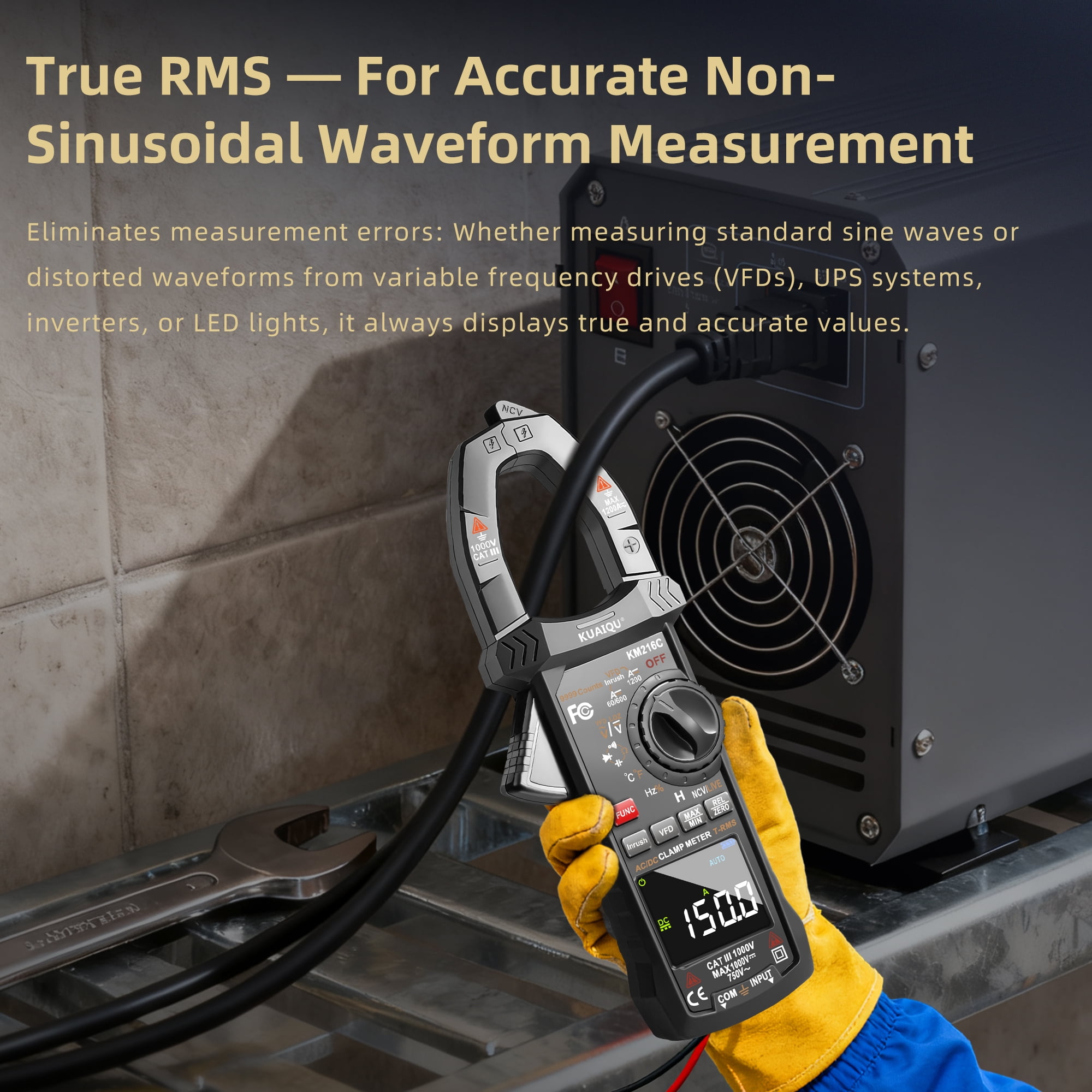 Kuaiqu Digital Clamp Meter KM216C T-RMS 9999 Counts 1200A AC/DC Current Amp Volt Meter  with VFD LOZ Mode Inrush NCV Temperature Resistance Capacitance Continuity