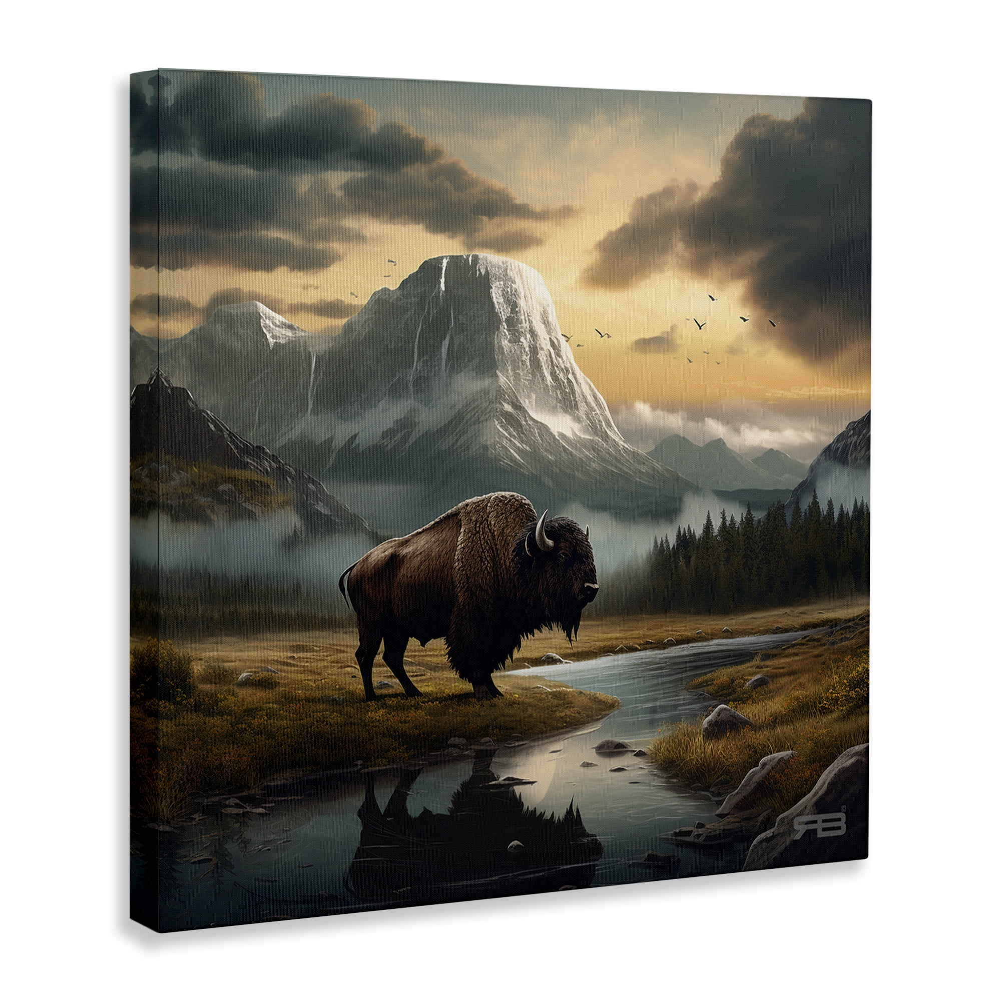 Stupell Industries Bison & Vast Mountains Landscape & Nature Painting Wrapped Canvas Art Print Wall Art, 36 x 36