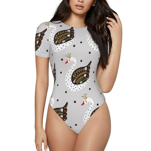 Fotbe Cute Swan Body de Mujer con Cuello Redondo y Mangas Cortas, Sin Mangas Ajustado, Suave, Cómodo y Básico-X-Large