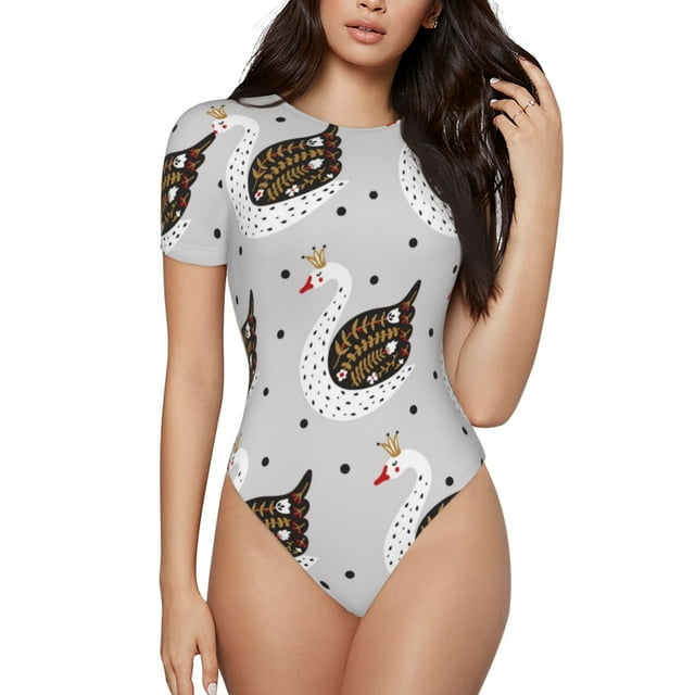 Fotbe Cute Swan Body de Mujer con Cuello Redondo y Mangas Cortas, Sin Mangas Ajustado, Suave, Cómodo y Básico-X-Large