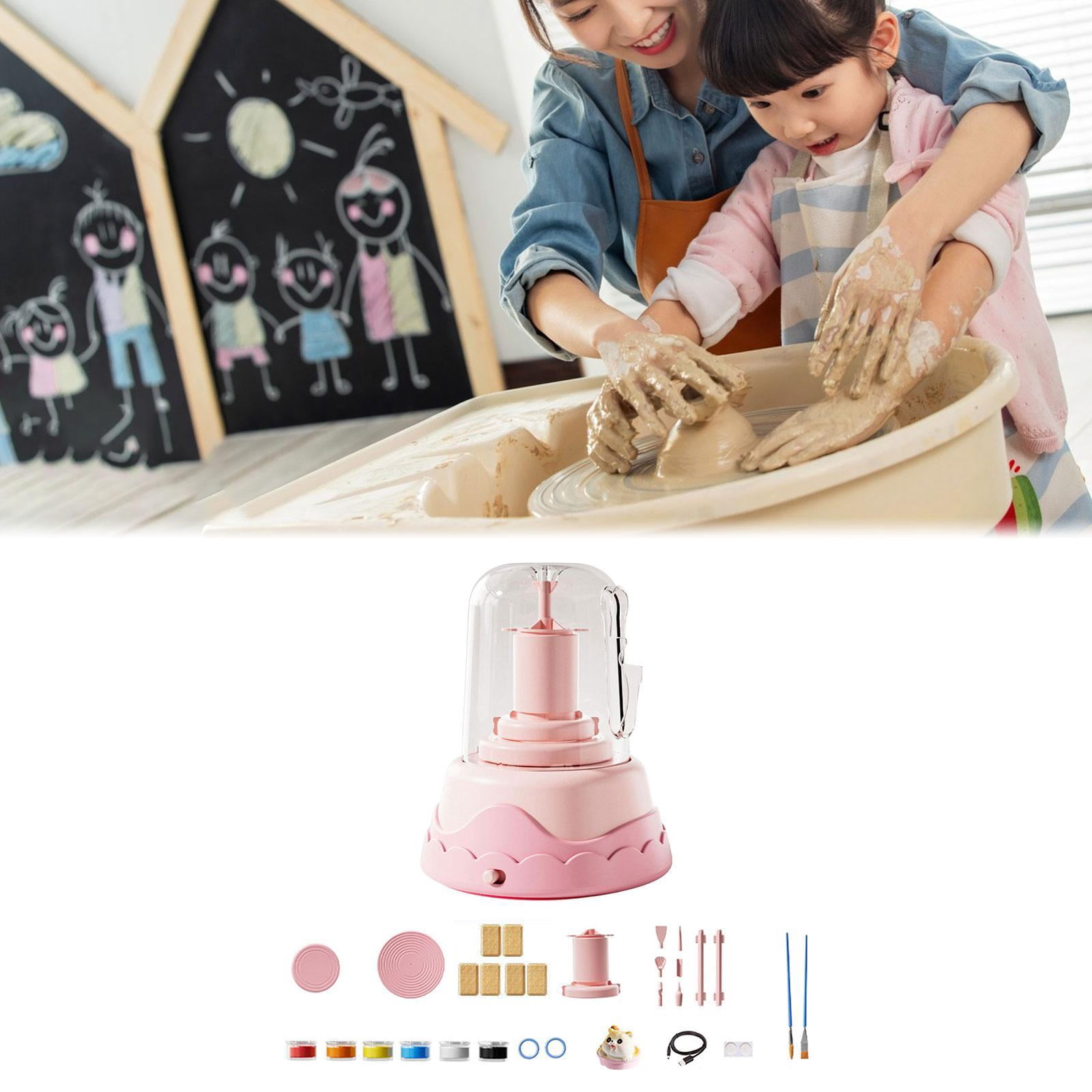 Sharprepublic Kids Electric Pottery Wheel Set Craft Making Kit Diy Creative Education Toys Children in Parents Interactive Toy Ceramic Machine Pink 6 Clay