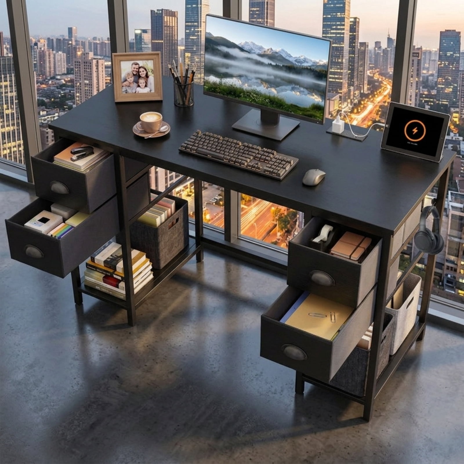 Furnibear 48 Inch Computer Desk with Power Outlet, Home Office Desk with 4 Fabric Drawers and Storage Shelves for Study, Black