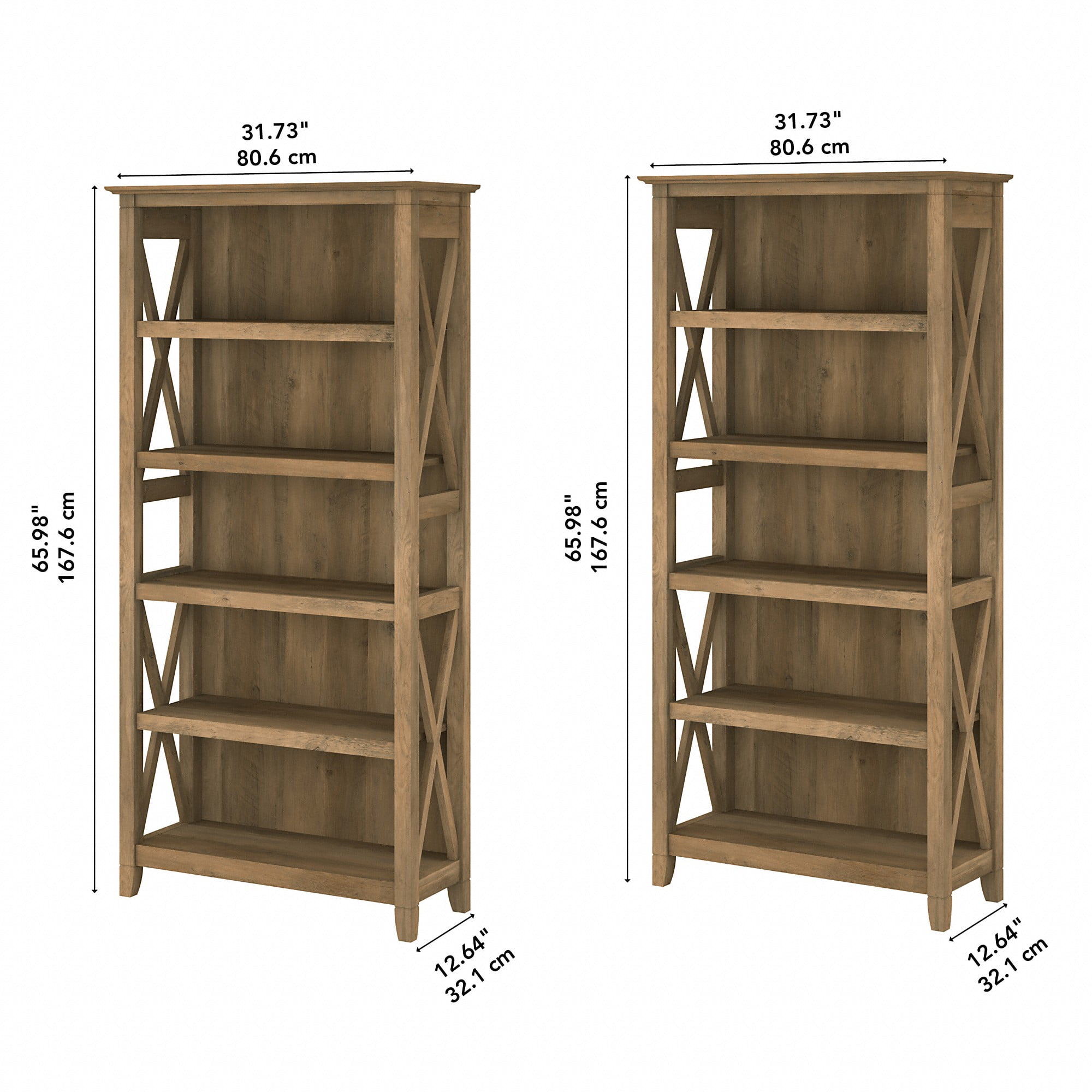 Bush Furniture Key West Tall 5 Shelf Bookcase, Set of 2, Reclaimed Pine
