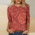 thumbnail image 2 of Feancey 3/4 Length Sleeve T Shirts for Women Textured Floral Graphic Tees Dressy Casual Plus Size Tops Loose Vintage Tunic Blouse Red L, 2 of 6