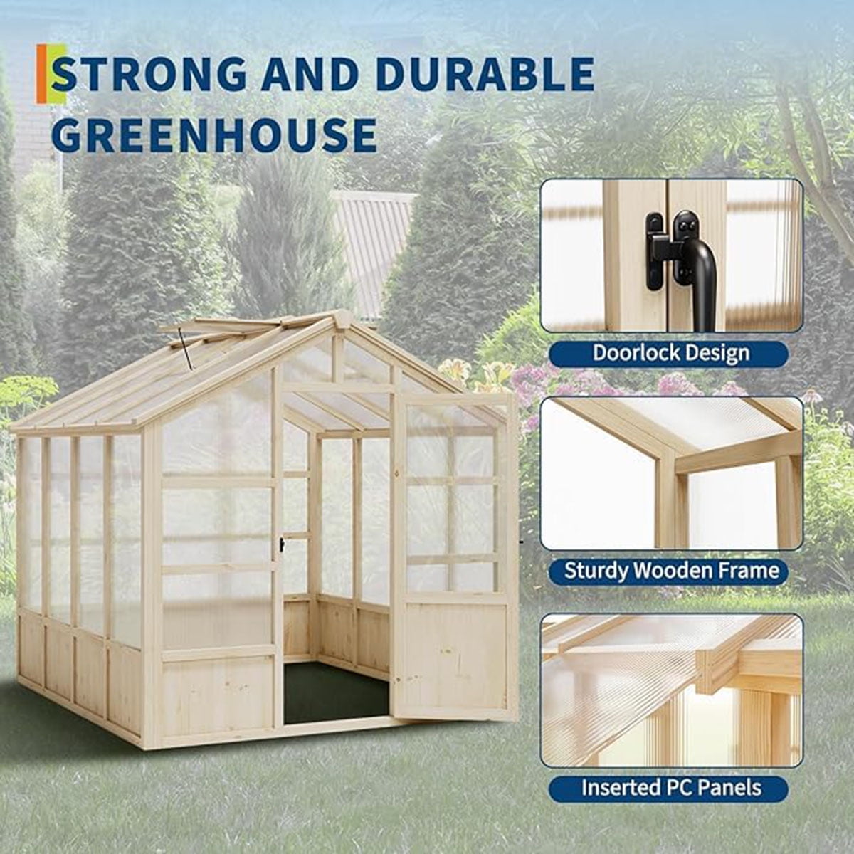 Outdoor Greenhouse, 8x6FT Heavy Duty Wooden Greenhouse with Polycarbonate Panels & Lockable Door - Sturdy Wood Frame Garden Green House with Adjustable Roof Vent, for Yard, Gardening（ship in 3 boxes）