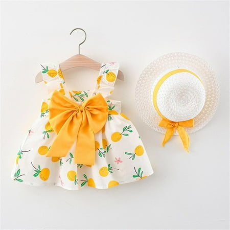 

Aayomet Princess Dresses For Girls Toddler Baby Girls Floral Sleeveless Princess Dress Summer Back Bow Swing Dress Hats Yellow 6-12 Months