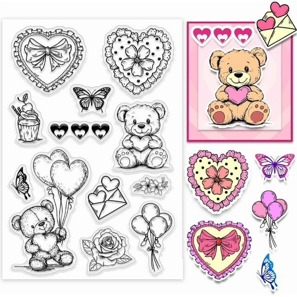 Sello transparente de oso dulce, sello de silicona con forma de corazón, sello de goma transparente con forma de globo y flor.