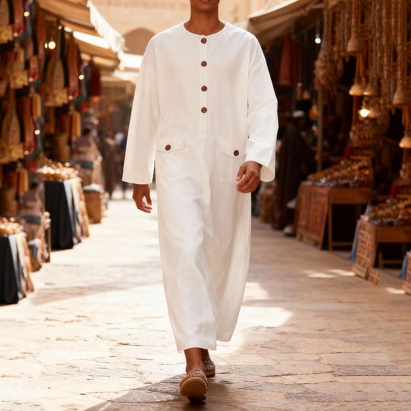 Kakii Men's Kaftan Thobe Long Sleeve Muslim Robe Button Up Side Split Kaftan Thobe with Pockets