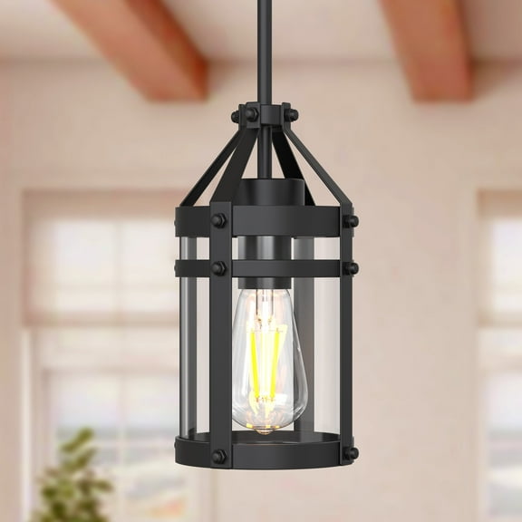 YANSUN Pendant Lighting Fixture, 1-Light Metal Wire Cylinder Hanging Lantern, Matte Black Finish for Living Room,Dining Room, Kitchen-1 Light