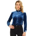 thumbnail image 1 of Blusa de terciopelo para mujer con volantes y cuello alto, manga larga, con botones Azul eléctrico M, 1 of 5