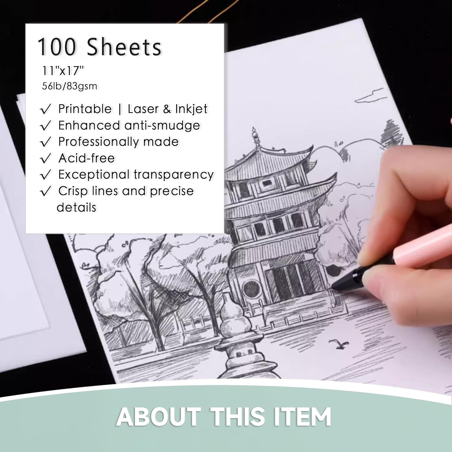 VEOOK Translucent Vellum Paper,100 Sheets 56lbs/83gsm 11 x 17 inches Printable Vellums Tracing Paper for Tracing, Drawing, Sketching, Card Overlays, Invitations Belly Bands, Envelope, Lantern VP_B-01