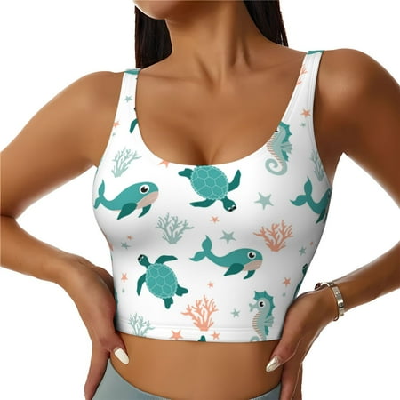 Jgfou Turtles And Seahorses Print Womens Sports Bra - Padded Workout Sports Bras Crop Tank Top