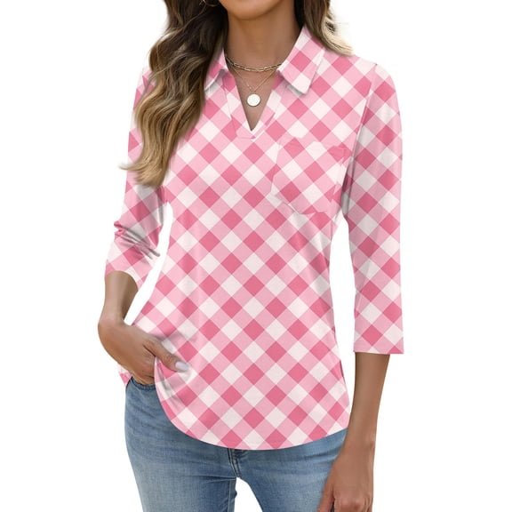 Iaqnaocc Womens Tops Casual 3/4 Length Sleeve Polo Shirt PLaid Office Business V Neck Collared Golf polos Trendy Summer Tees With Pocket Red XXXL