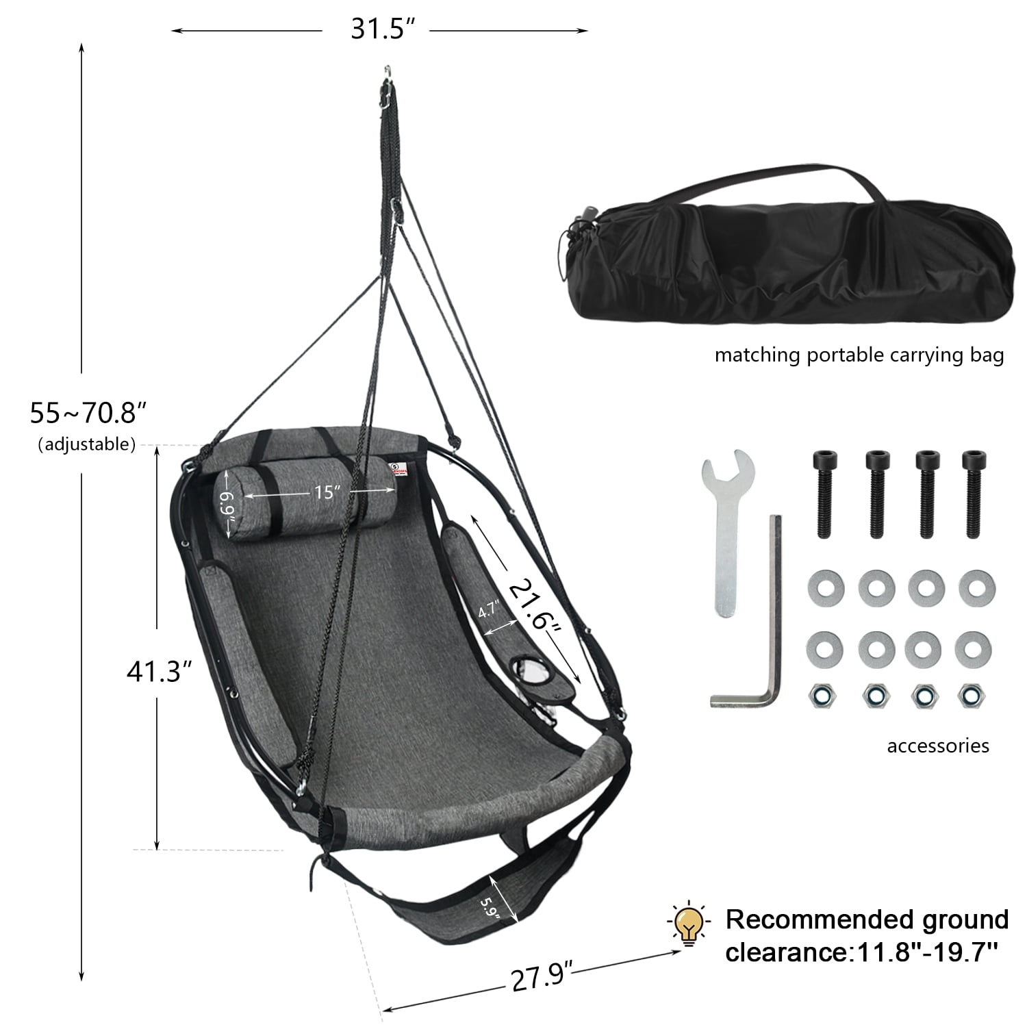 Bathonly Hammock Chair Swing, Hanging Rope Swing Chair for Outdoor Indoor in Black. G1-0020BK