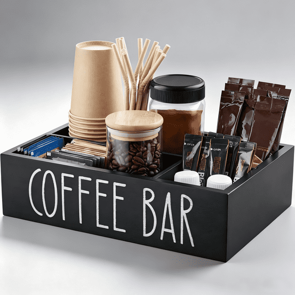 Wood Coffee Station Organizer for Countertop – with Removable Dividers, Holds Pods, Condiment, Syrup, Tea Cups, Stirrers – Farmhouse Coffee Bar Decor
