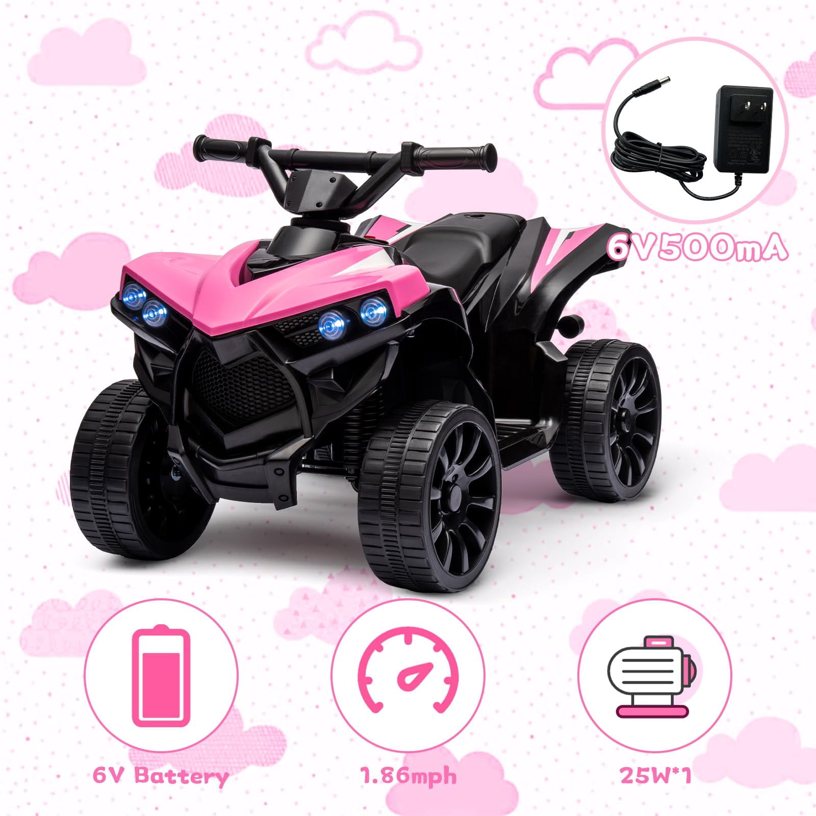 Juiluna Kids ATV 4 Wheeler, 6V Ride on Toy with 1.8MPH Max Speed, Wear-Resistant Wheels, Music & Foot Pedal, Battery Powered Electric Quad Car for Kids Toddlers