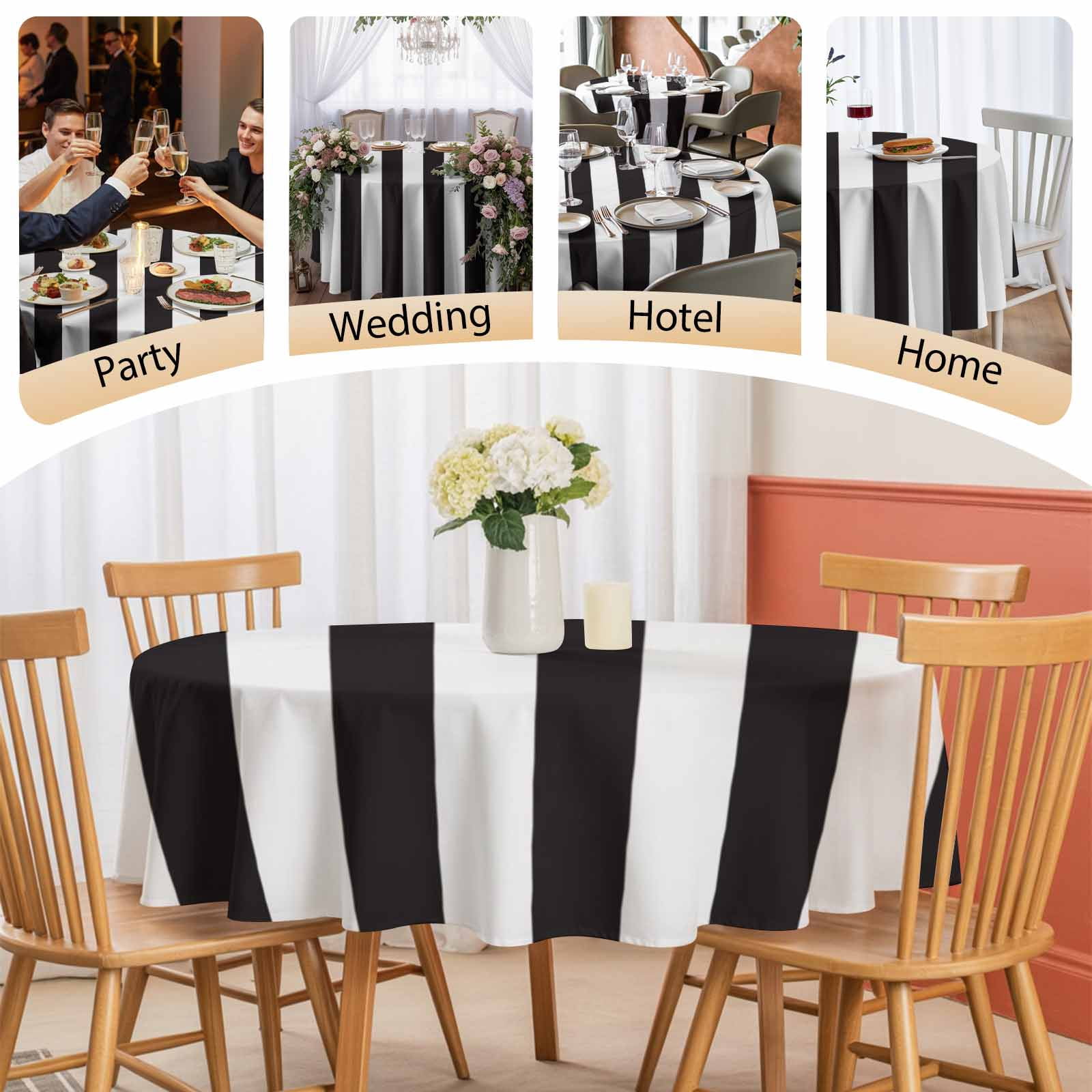 Round Tablecloth Striped Pattern Waterproof Oil Proof Polyester Table Cloth Cover Decor for Home Dining Outdoor,Patio,Parties, 54" Dia. Black and White